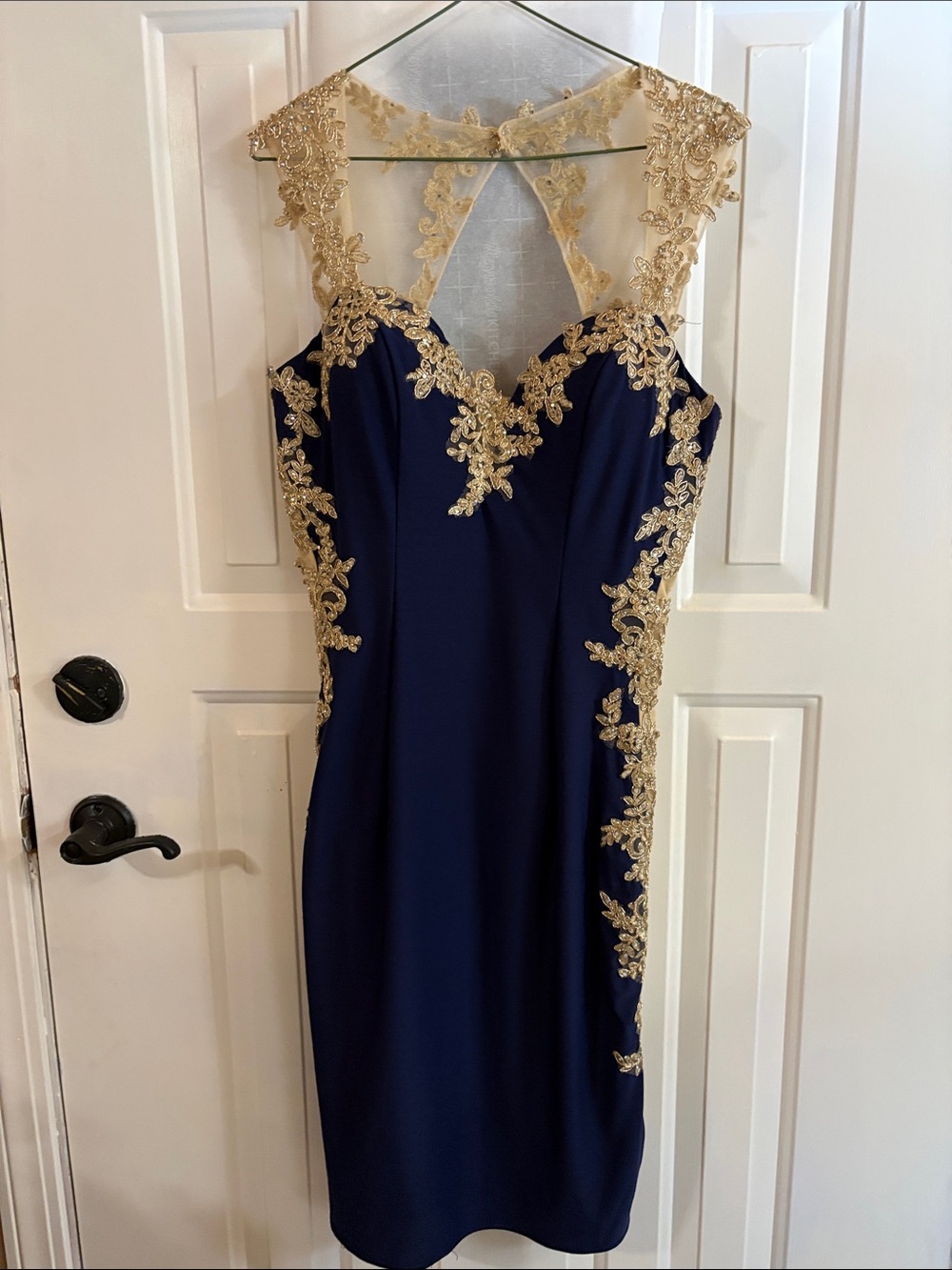 May Queen Navy and Gold Lace Sheath Dress